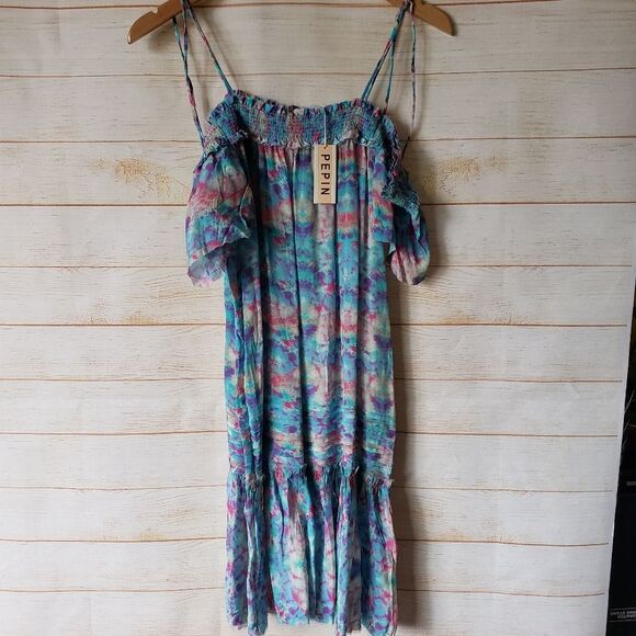 Pepin Off The Shoulder Watercolor Raw Hem Lightweight Summer Dress Size 4 - Picture 6 of 13